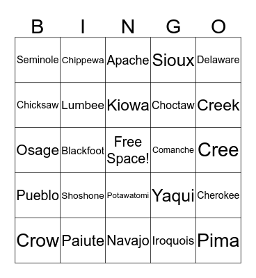Native American Heritage Bingo Card