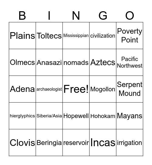 The First Americans Review Bingo Card