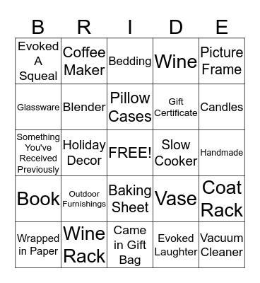 Bridal Shower Gift Bingo Card