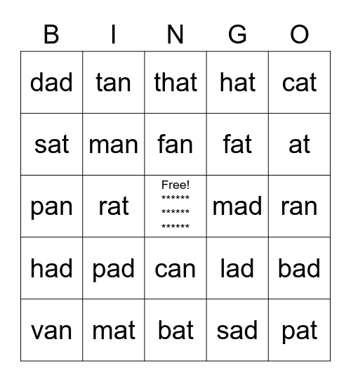 Word Family -a- Bingo Card