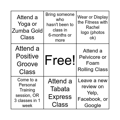 Fitness with Rachel BINGO Card