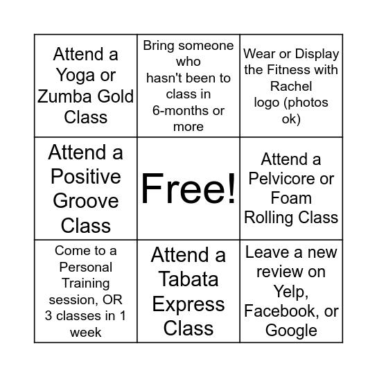 Fitness with Rachel BINGO Card