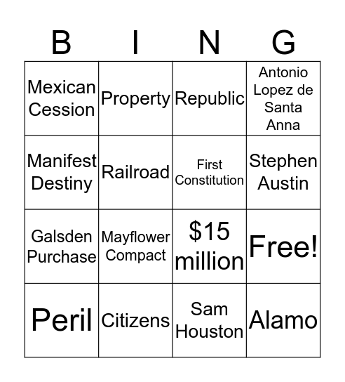 American History Chapters 17 & 18 Vocabulary Bingo Card