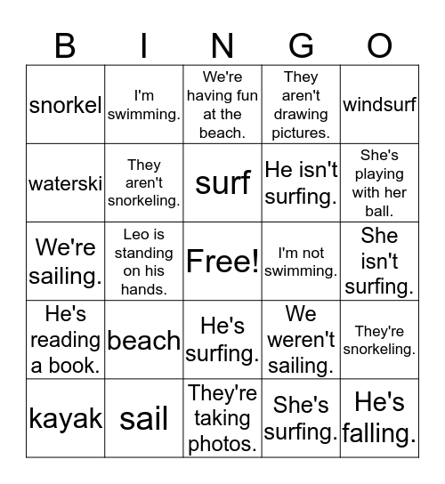 Beach/Present Continuous Bingo Card