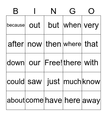 Sight Words Bingo Card