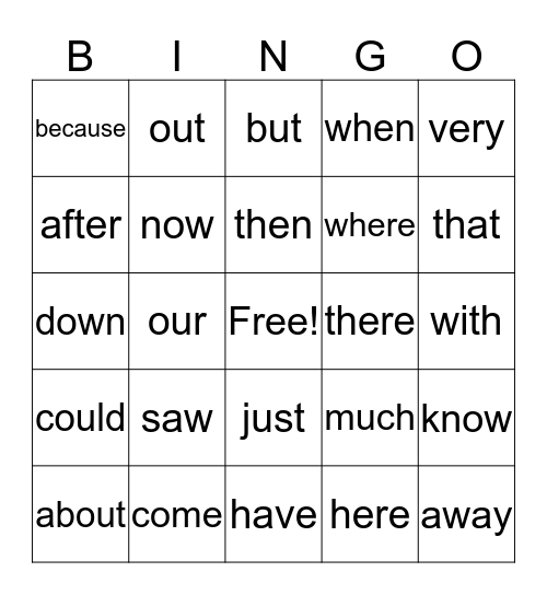 Sight Words Bingo Card