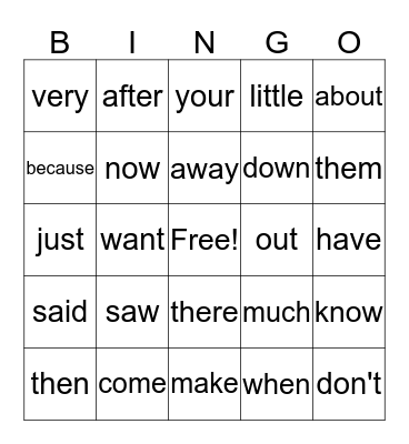 Sight Words Bingo Card