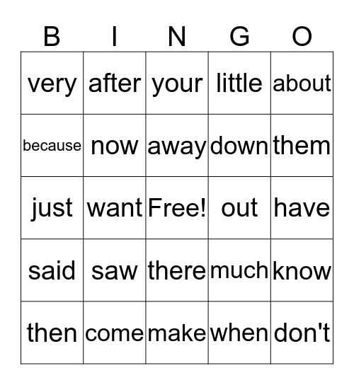Sight Words Bingo Card