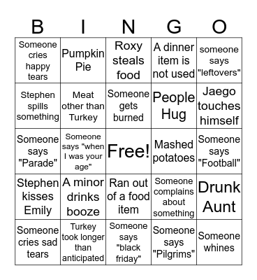 Emily and Stephen's 2nd Annual Thanksgiving Bingo Card