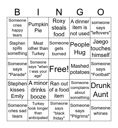 Emily and Stephen's 2nd Annual Thanksgiving Bingo Card
