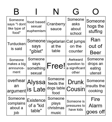 Emily and Stephen's 2nd Annual Thanksgiving Bingo Card