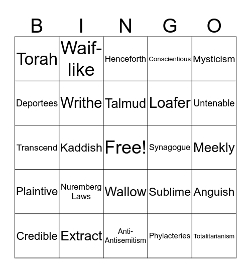 Night Vocab Bingo Card