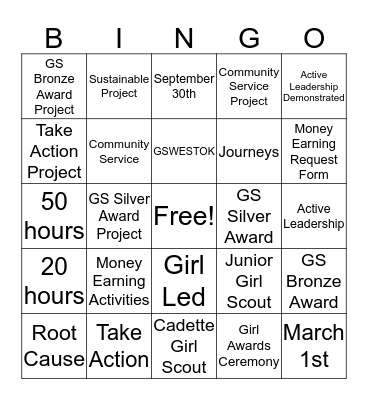 Girl Scout Bronze and Silver Award Bingo Card