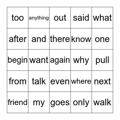 Sight Words Bingo Card