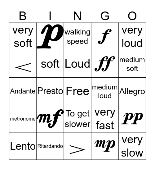 Tempo & Dynamics Bingo Card