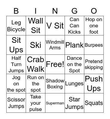 Fitness Bingo Card