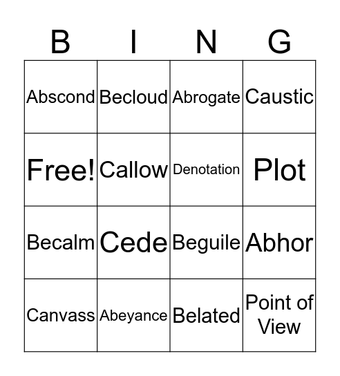 SAT Vocabulary Bingo Card