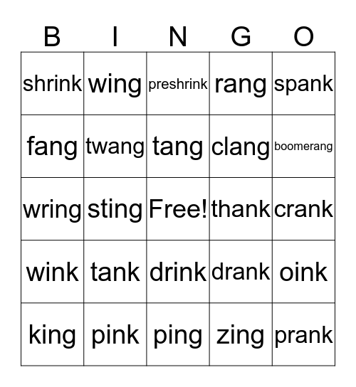 ink, ank, ang, ing Bingo Card