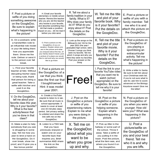 Holiday Bingo Card