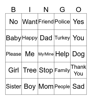 Sign Language Bingo Card
