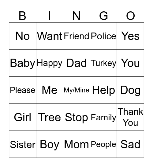 Sign Language Bingo Card