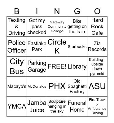 Light Rail Bingo 2013 Bingo Card