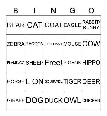 ANIMALS Bingo Card
