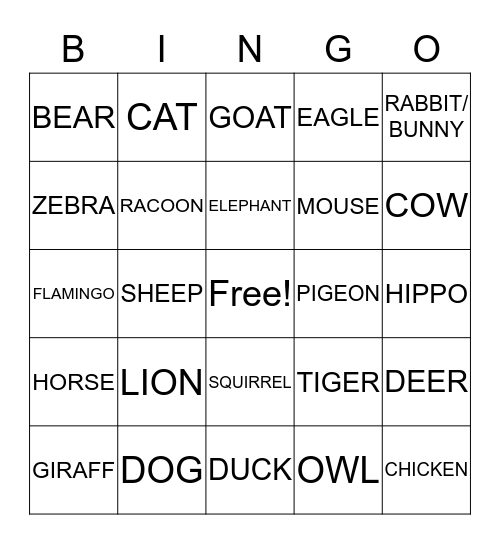ANIMALS Bingo Card