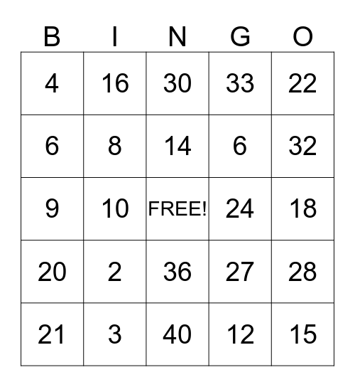 Multiplication!!! Bingo Card