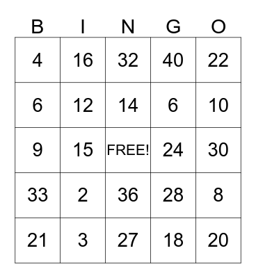 Multiplication!!! Bingo Card