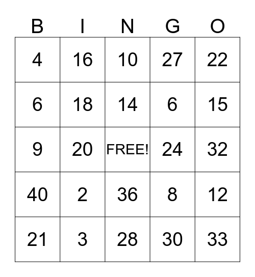 Multiplication!!! Bingo Card