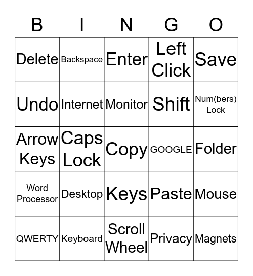 Beginner's Computer Bingo Card