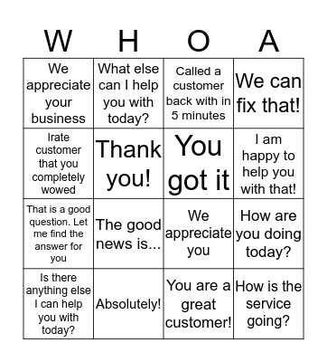 Customer Service Bingo Card