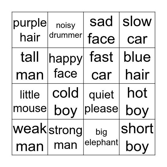 Adjectives (Words) Bingo Card