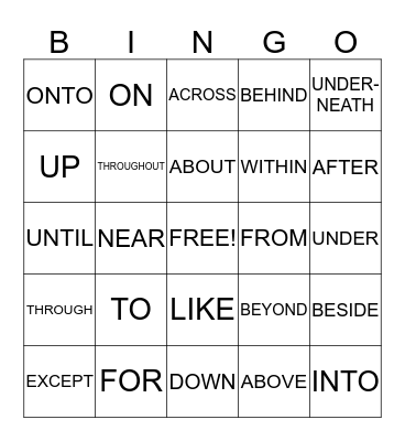 PREPOSITIONAL PHRASE BINGO  Bingo Card