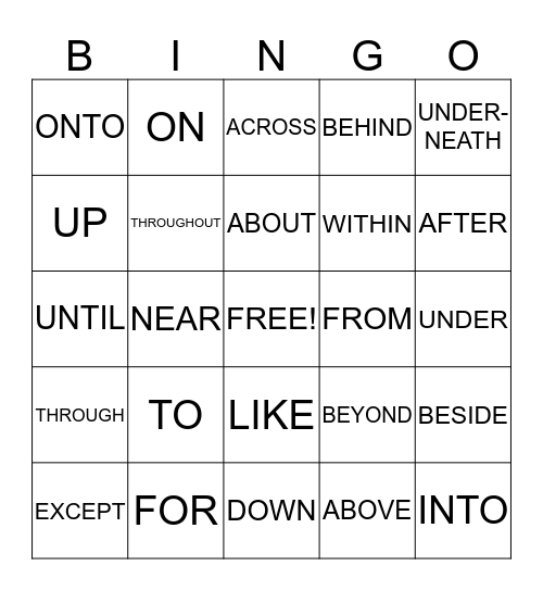 PREPOSITIONAL PHRASE BINGO  Bingo Card