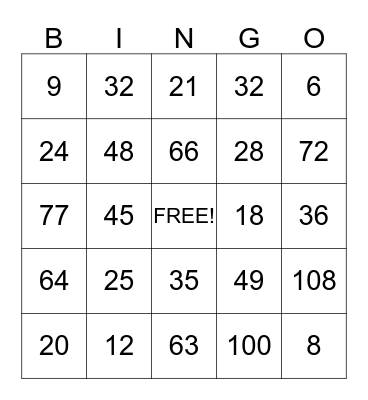 multiplication bingo Card