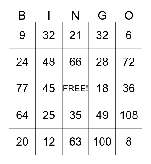 multiplication bingo Card