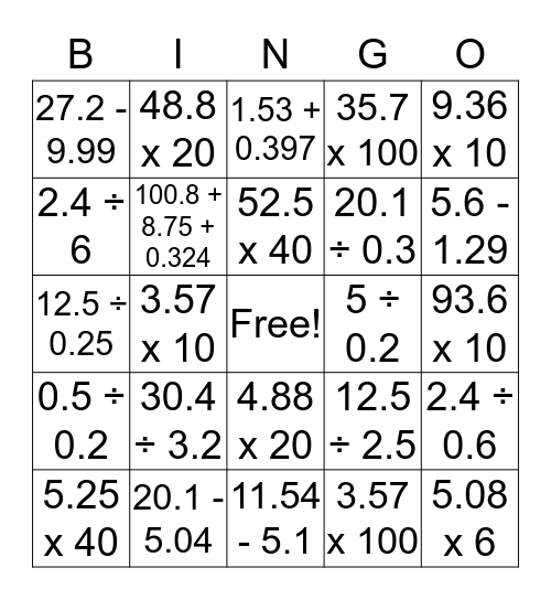 Decimal Operation Bingo Card