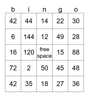 multiplication Bingo Card