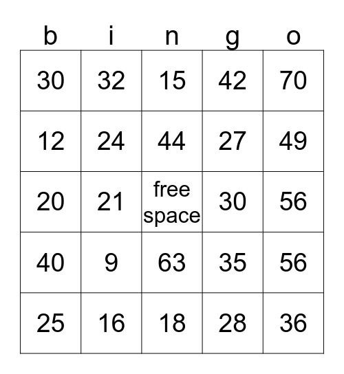 multiplication Bingo Card