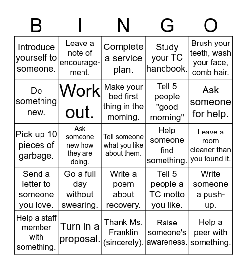 Therapuetic Community Bingo Card