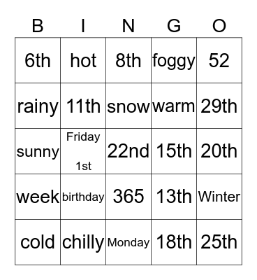 Calendar and Weather Bingo Card