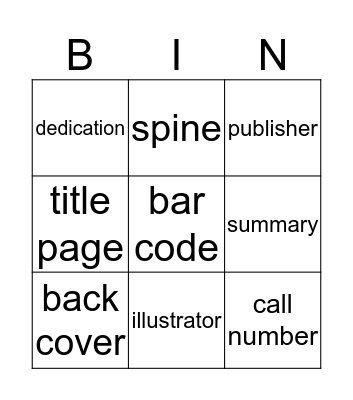 Parts of a Book Bingo Card