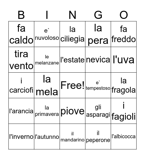 il tempo, le stagioni, la frutta e la verdure Bingo Card