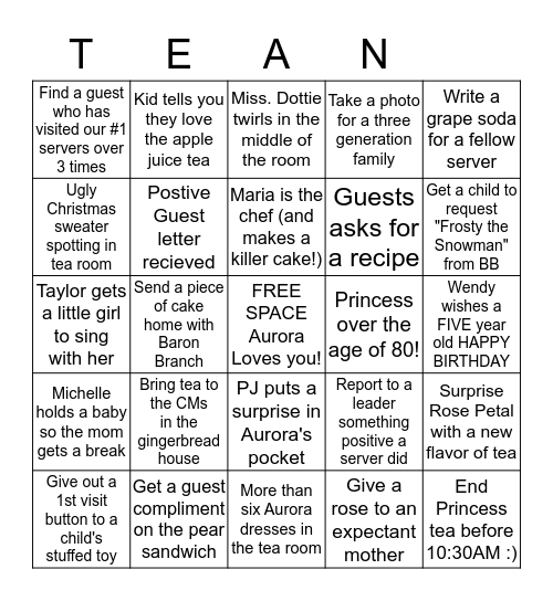 princess TEA-ngo! Bingo Card