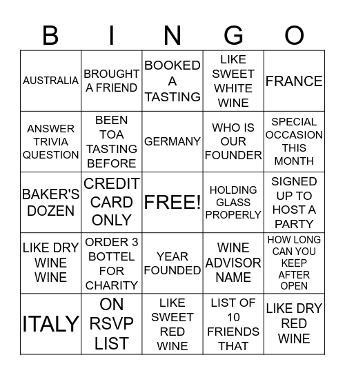 WINE TASTING Bingo Card