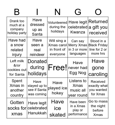Holiday Experience Bingo Card