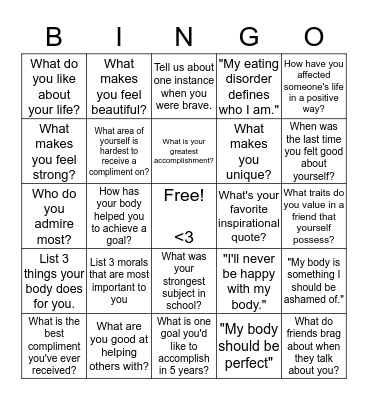 Self Love Bingo Card