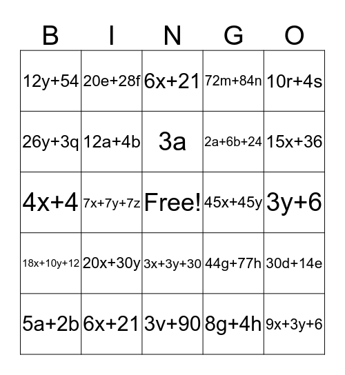 Equivalent Expressions with Variables Bingo Card